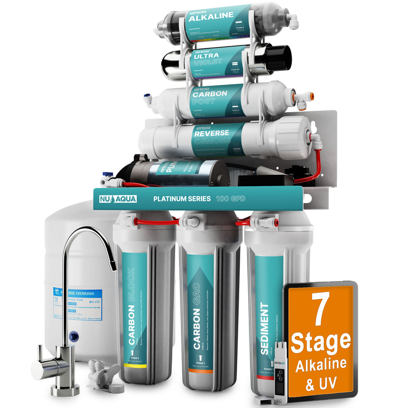 NU Aqua Platinum Series 7 Stage Alkaline and UV Ultraviolet 100GPD RO System with Booster Pump